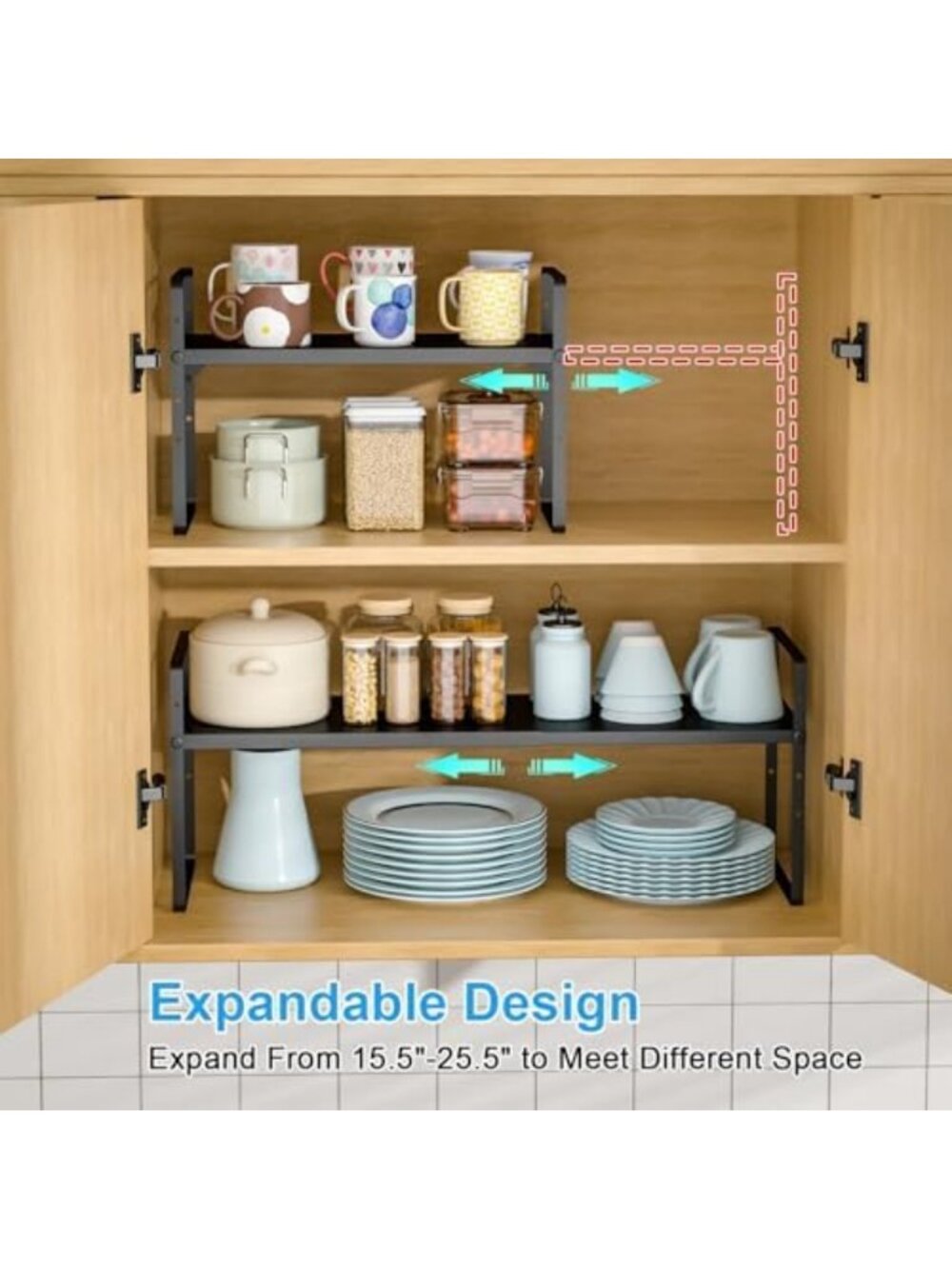 Expandable 2-Pack Stackable Cabinet Shelves - Adjustable Kitchen Organizer Rack - Picture 4 of 7